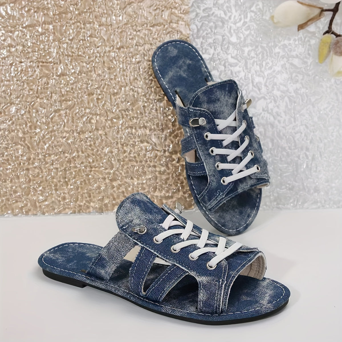 Women Denim Flat Sandals Open Toe Slip-On Casual Shoes for Summer Outdoor