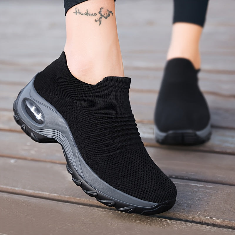 Women Knit Slip-On Walking Shoes Breathable Air Cushion Black Casual Sneakers