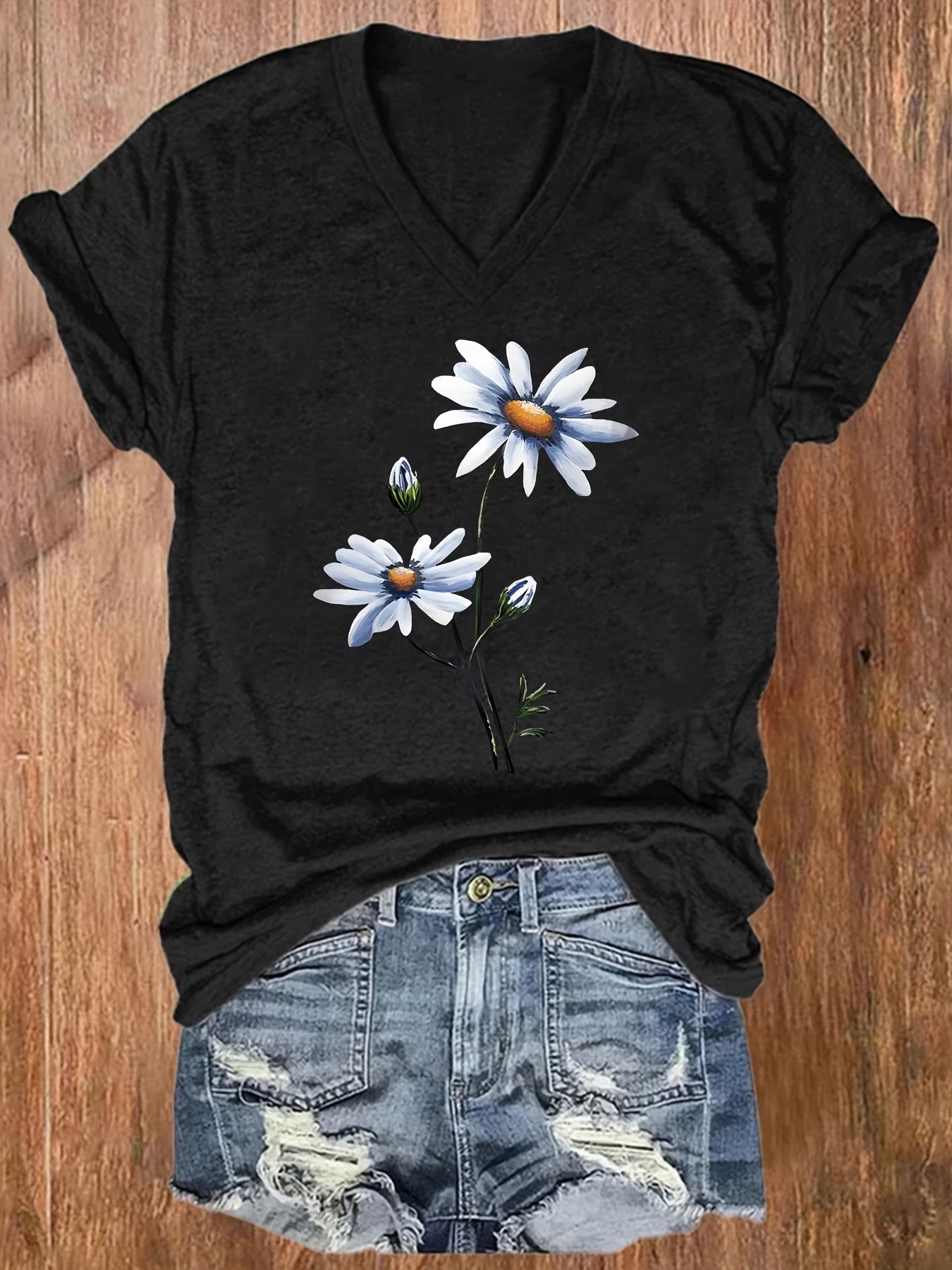 Women's Loose Fit V-Neck Short Sleeve Casual Top for Europe and US