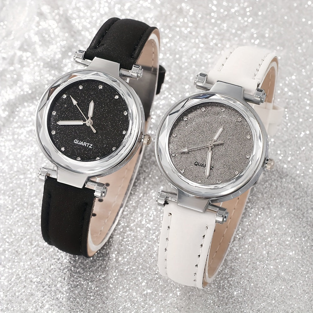 Ayollar va erkaklar uchun 4 ta kvarts soat va yurak bilakuzuklari to'plami, faux charm leather straplar, zamonaviy dumaloq qobiq, sovg'a to'plami