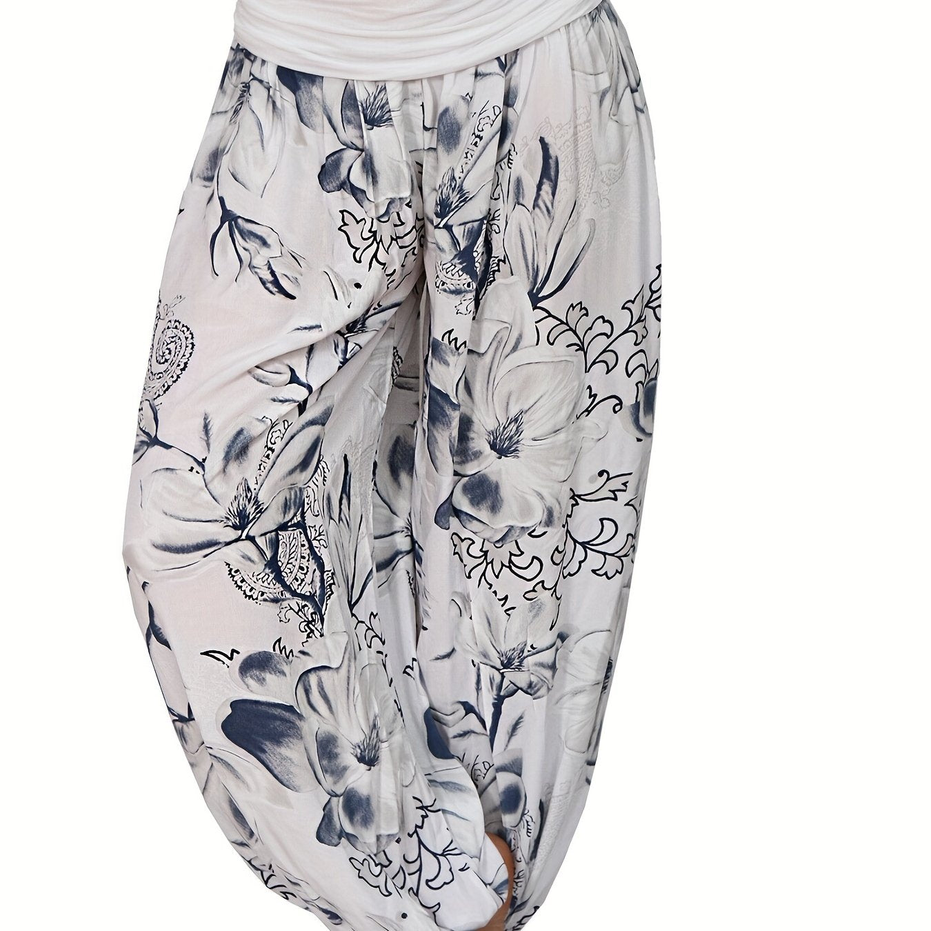 Pantalones harem de estampado floral para mujer en azul y blanco, de poliéster ligero, con pierna ancha, estilo casual para vacaciones
