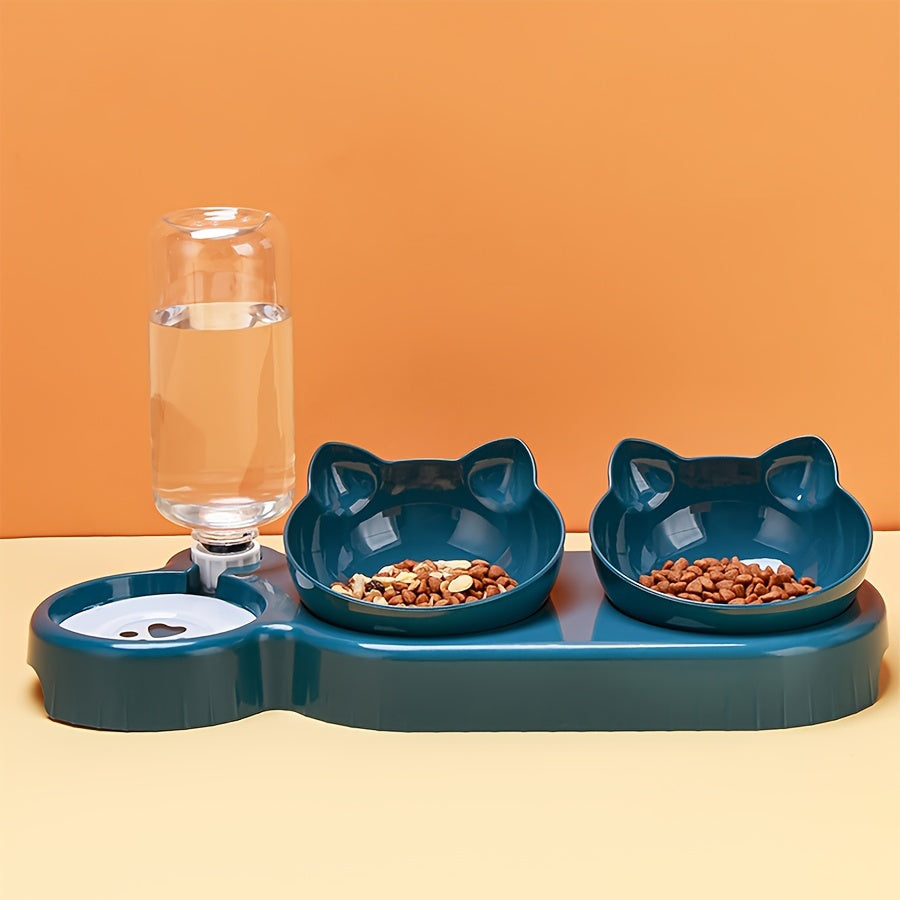 3-in-1 Anti-Tip Cat Feeding Station with Automatic Water Dispenser Elevated Bowls Blue Plastic