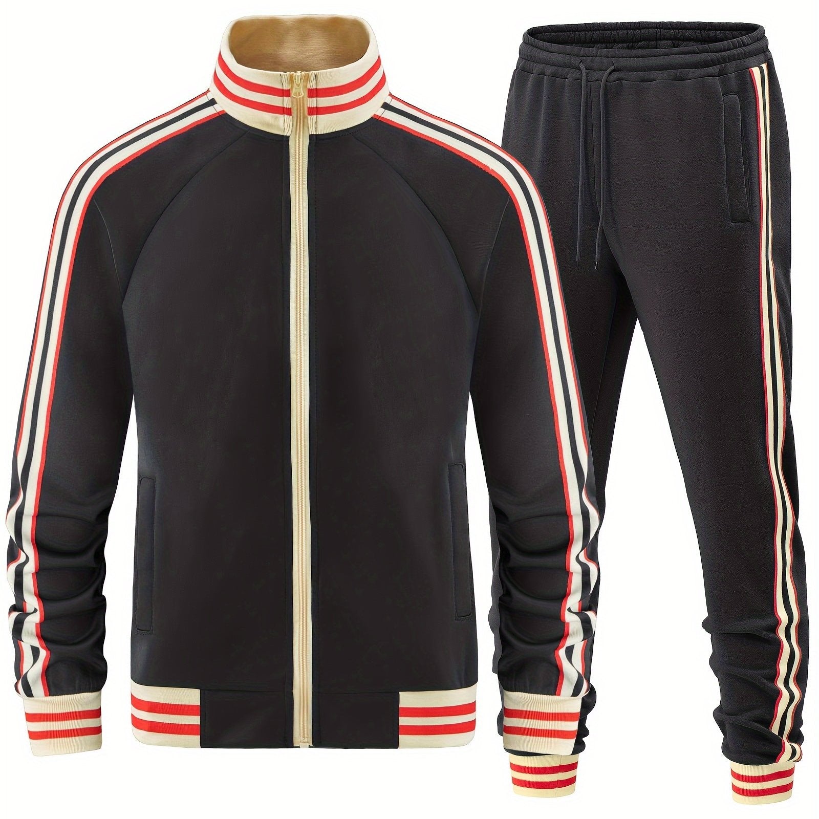 Conjunto de chándal casual para hombre de poliéster, azul marino con rayas beige, para otoño e invierno, actividades al aire libre