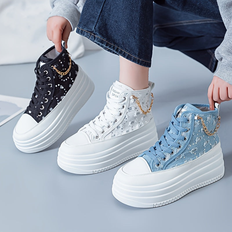 Women's High-Top Sneakers - Black White Blue with Gold Chain Casual Shoes