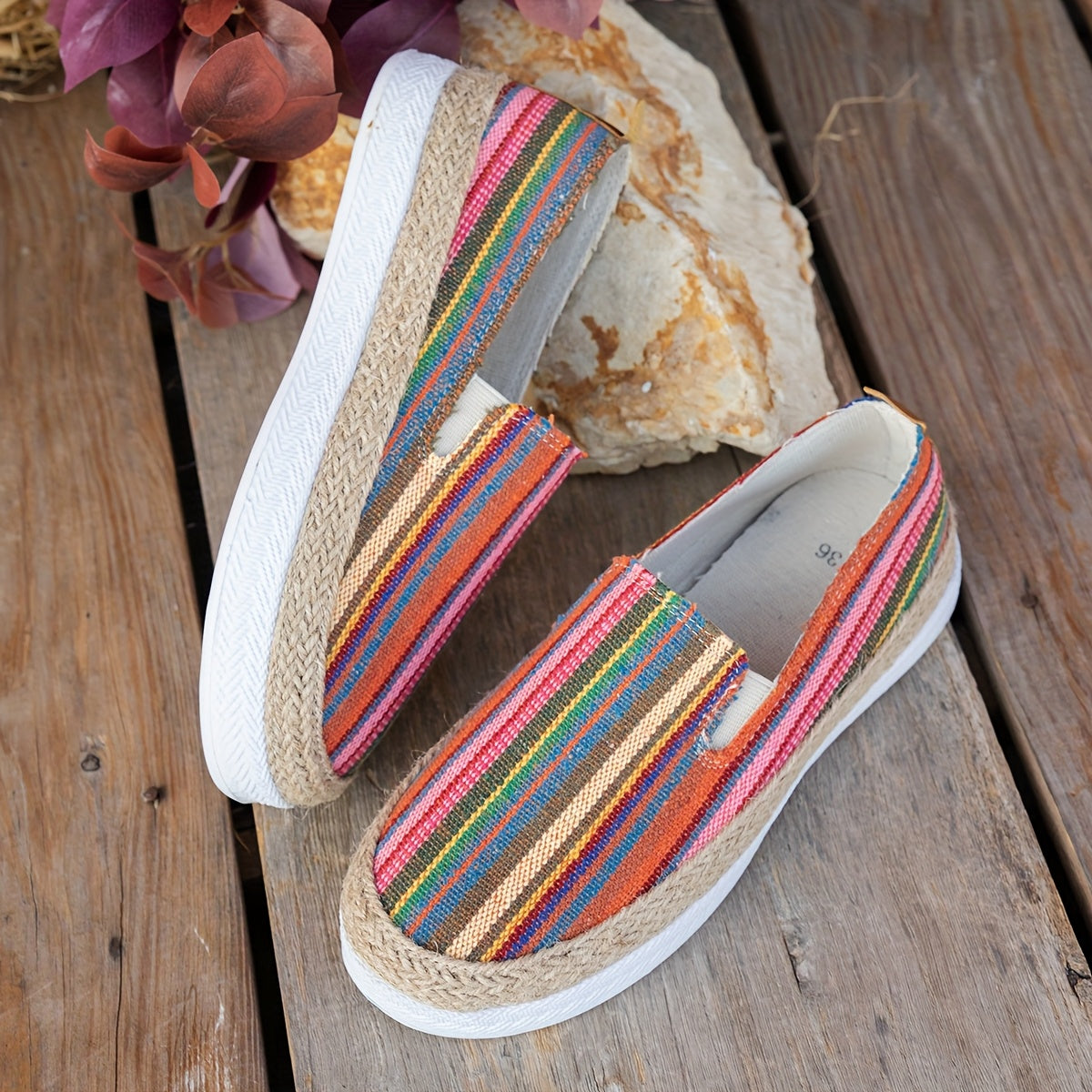 Women Bohemian Colorful Striped Flat Shoes Open-Toe Slip-On