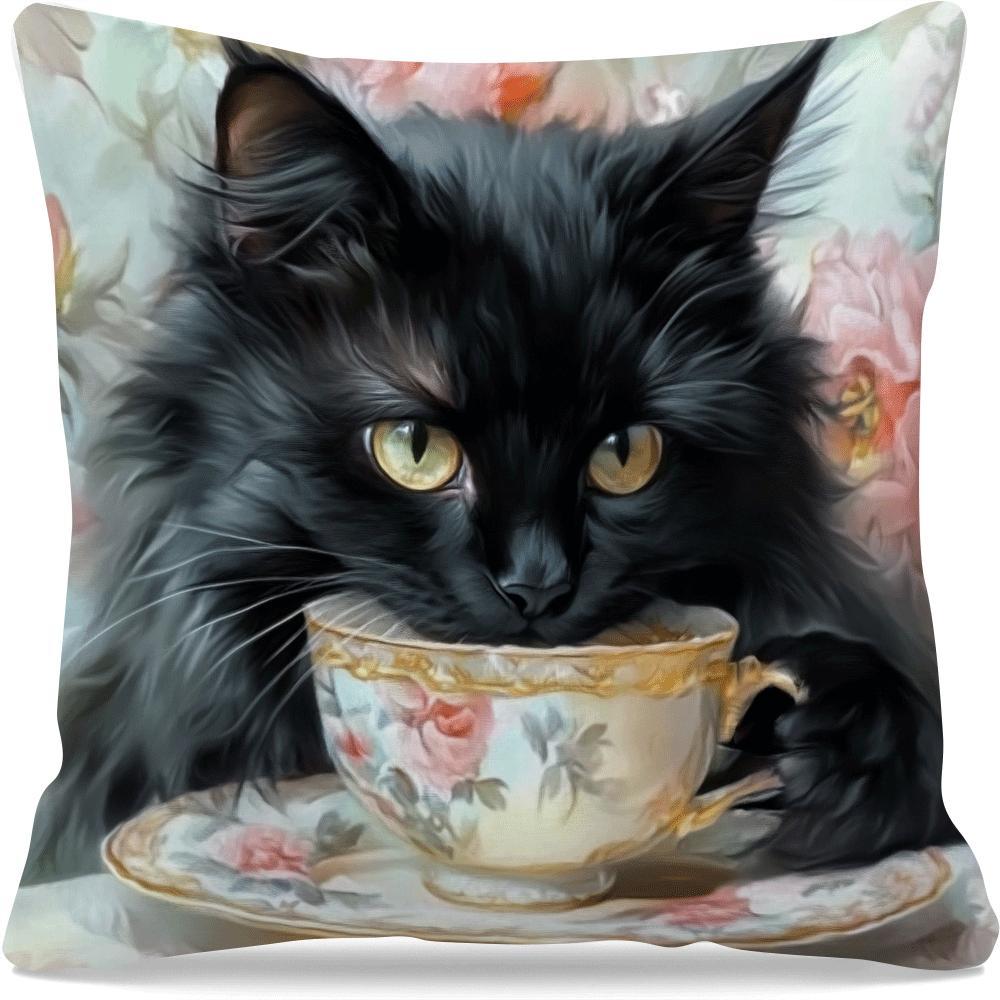 Retro Chic Cat Oil Painting Throw Pillow Cover 45cm Sofa Office Decor Zipper