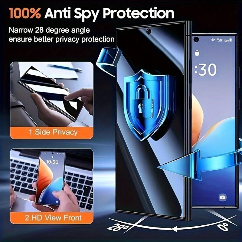 Защитное стекло для Samsung Galaxy S25 Ultra, S24 Ultra, S23 Ultra, S22 Ultra с характеристиками 9H против подглядывания, против царапин, против столкновений и против отпечатков пальцев. Дизайн без верхнего покрытия предотвращает