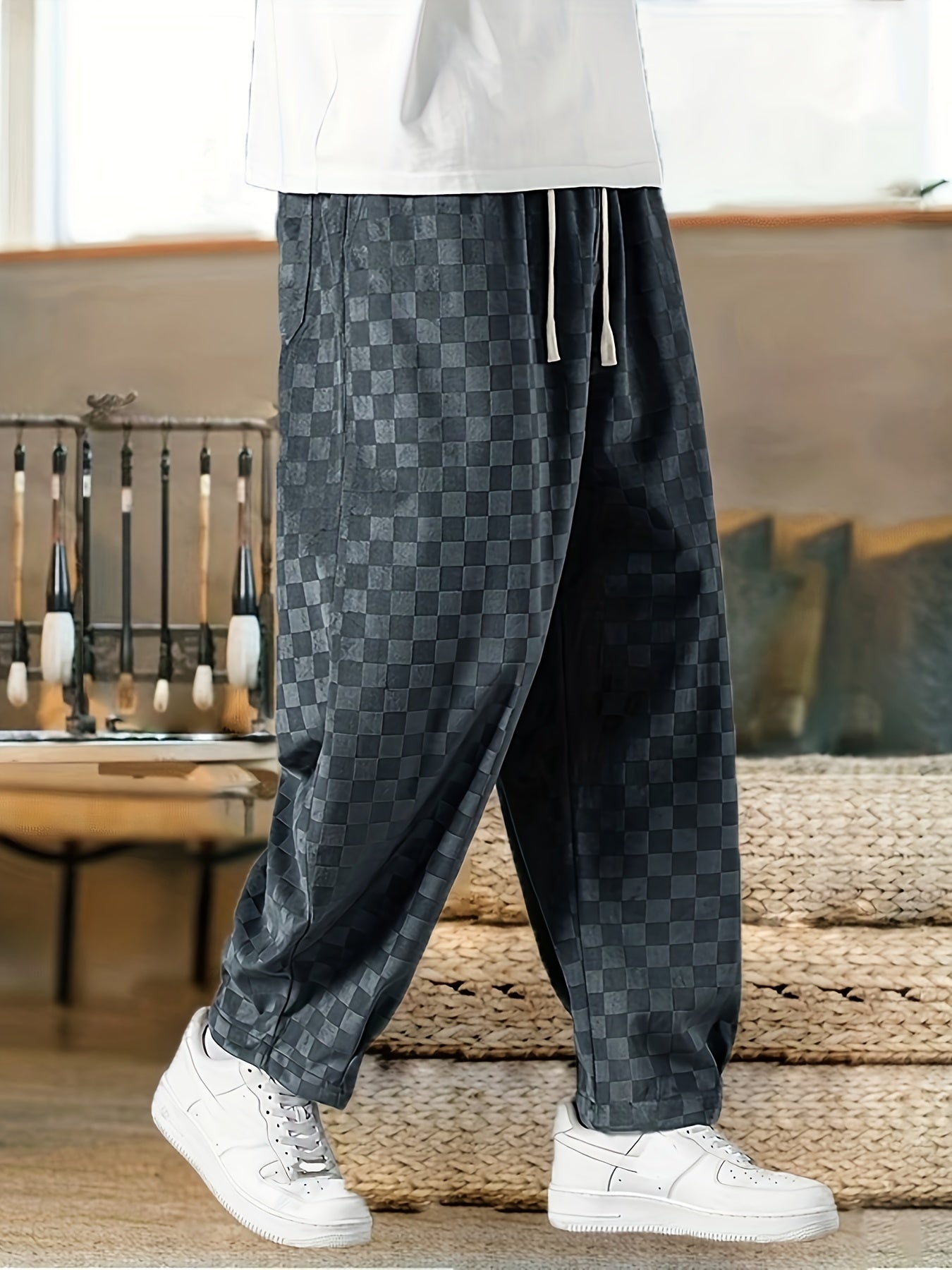 Men's Loose Fit High-Waisted Corduroy Pants Non-Stretch Solid Color 3/4 Length Spring Autumn Streetwear