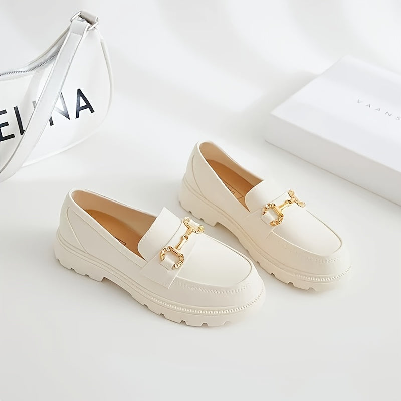 Women White Platform Loafers All-Season Round Toe Penny Style with Golden Buckle