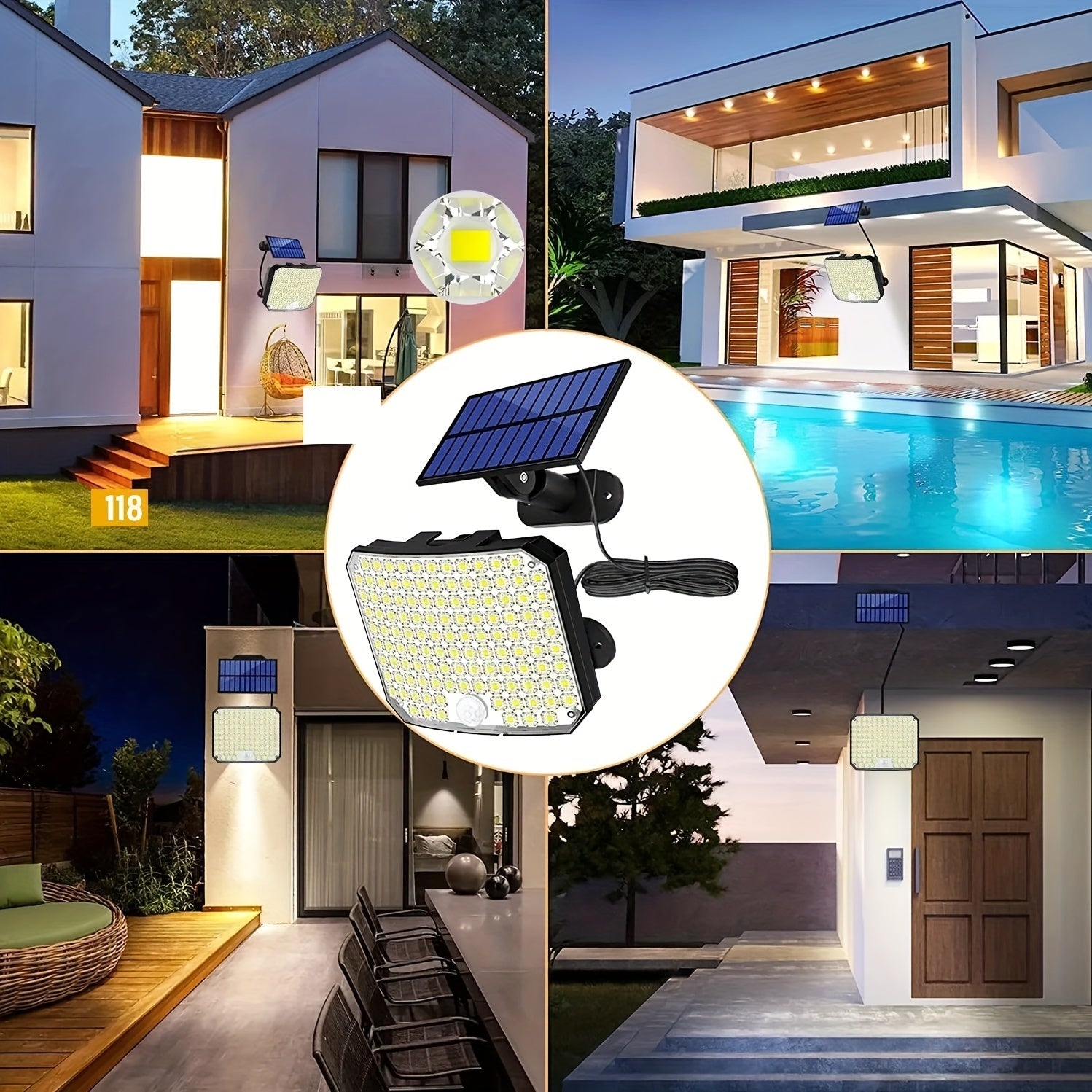 Solar Powered LED Light with Motion Sensor 118 LEDs 4 Modes Rotatable Head All-Season