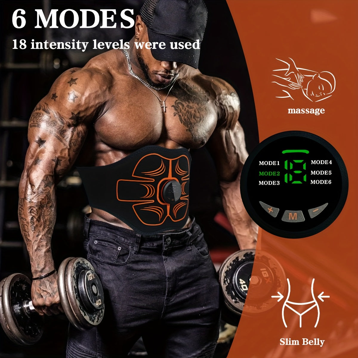 6 rejim va 18 kuch darajasi bilan EMS qorin mushaklarini stimulyatsiya qiluvchi qurilma, uyda foydalanish uchun mos.