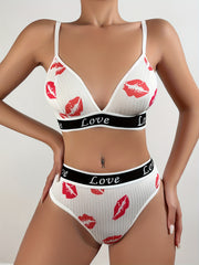 Women's Cartoon Lingerie Set Made of Polyester and Elastane with Letter and Lip Prints