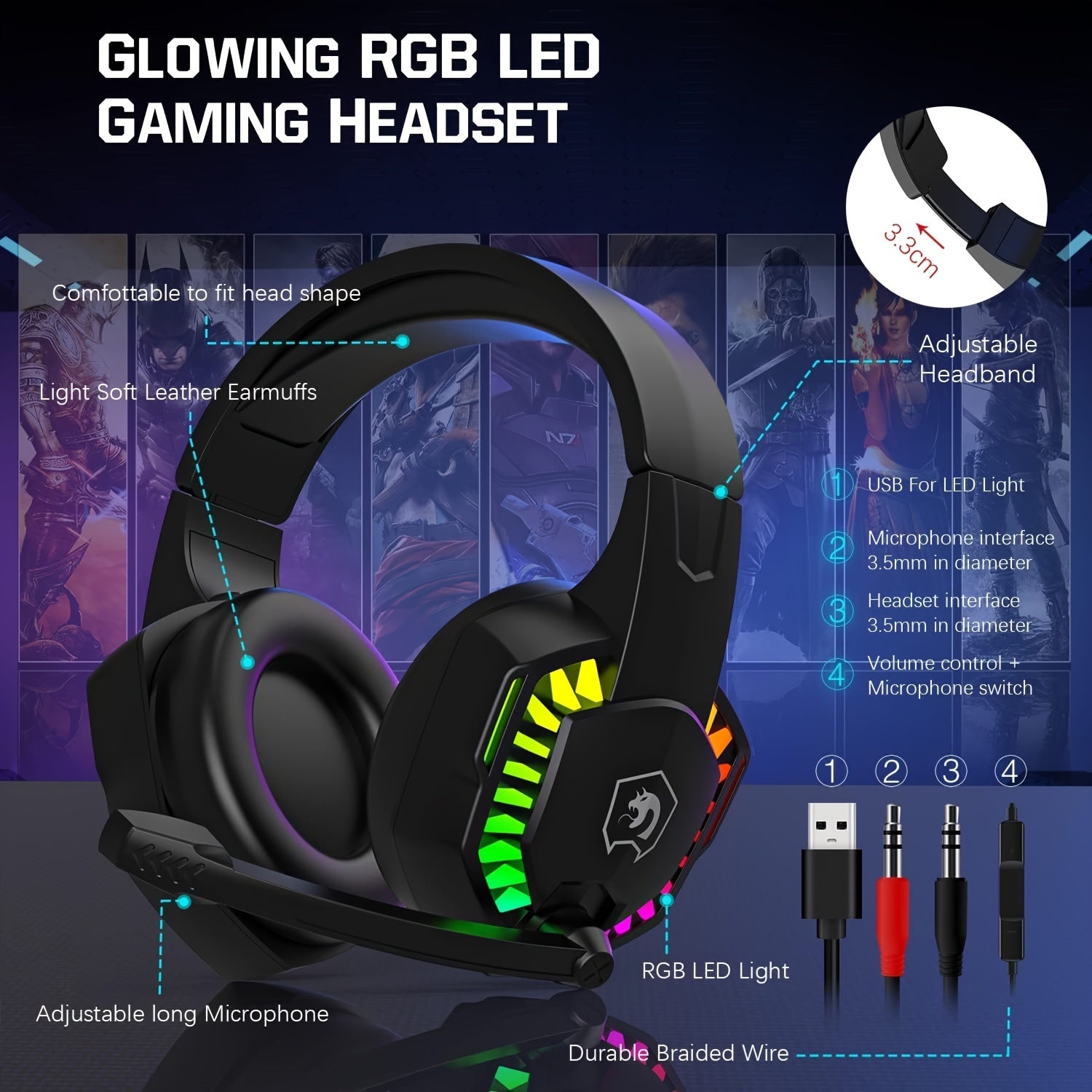 4-in-1 Gaming Bundle with Rainbow LED Backlit Keyboard Mouse Headset and Mousepad