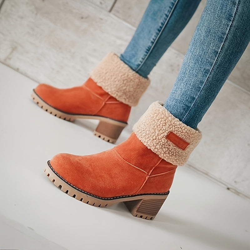 Women's Fleece-Lined Ankle Boots Winter Mid-Calf Thick Rubber Sole