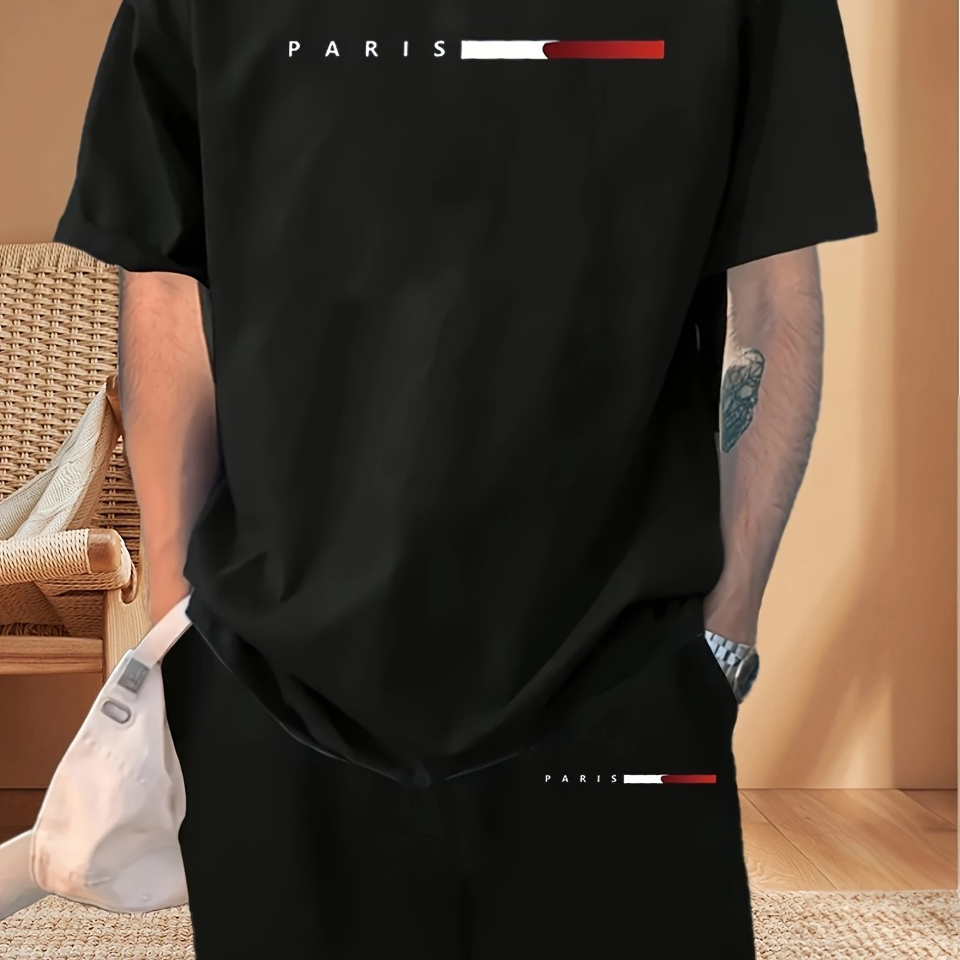 Men's Casual Outfit with Short-Sleeve T-Shirt and Drawstring Shorts for Spring Summer Sports