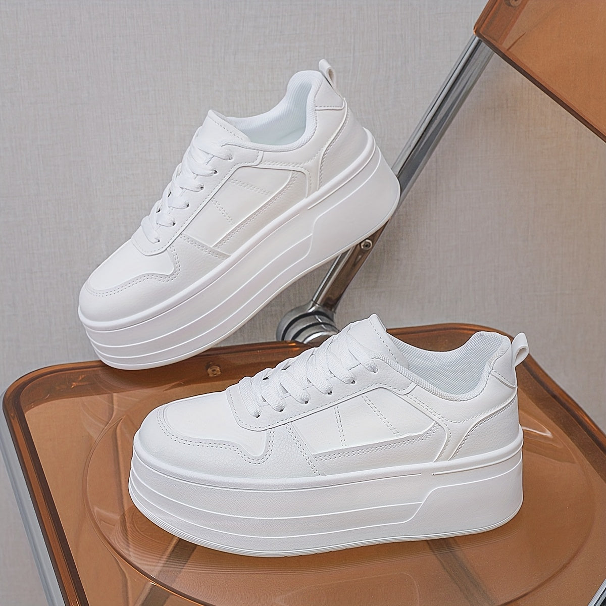 Women's White Platform Sneakers - Lace-Up, Casual Low Top with TPR Sole
