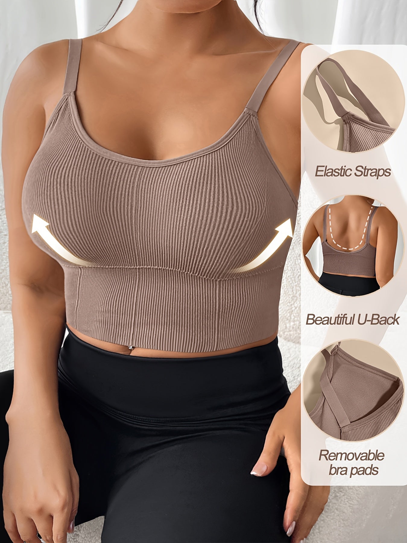 Women's Plus Size Sports Bras Ribbed Wireless High Elasticity Removable Pads Black White Brown Navy Blue Set