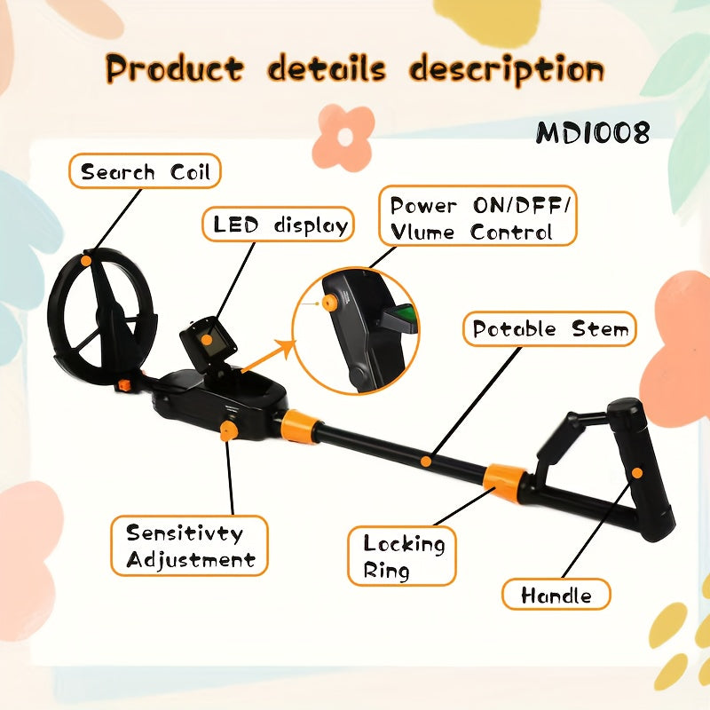 Lightweight Metal Detector for Beginners Battery-Powered Adjustable Stem Handle Grip