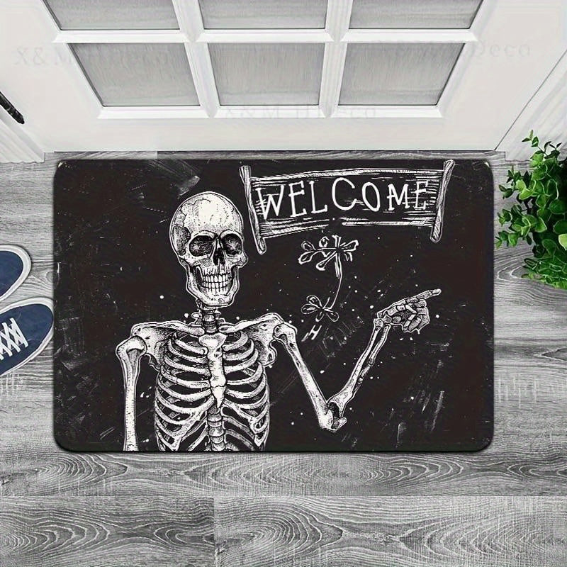 Skeleton Welcome Doormat Indoor Polyester Flannel Rectangle Entryway Mat