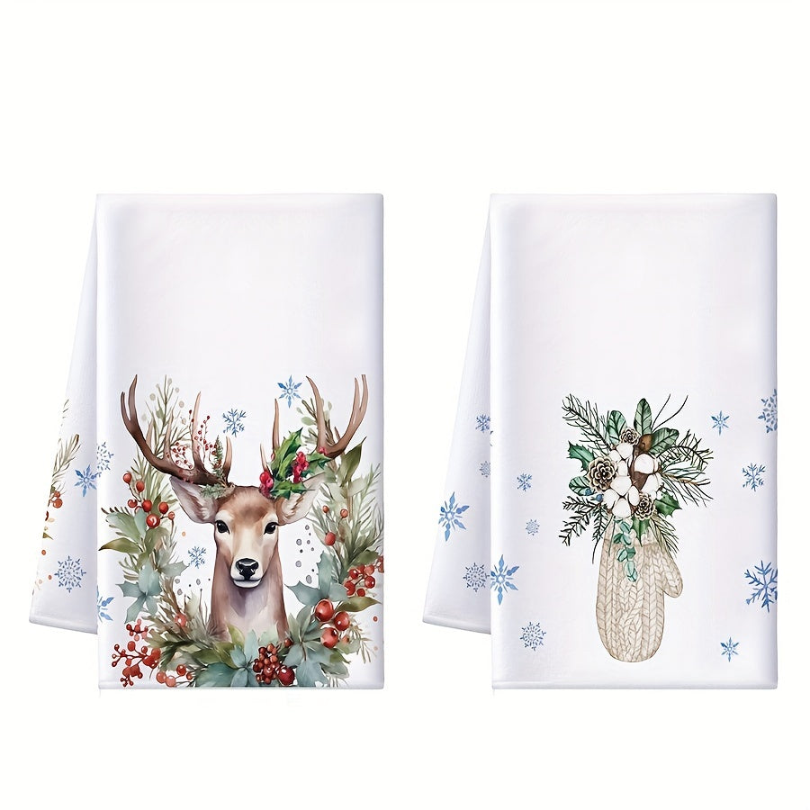 2-Piece Christmas Kitchen Towel Set Absorbent Snowflake Tree Snowman Reindeer