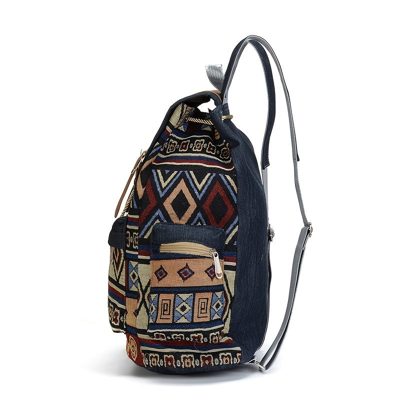 Women's Denim Backpack with Geometric Tribal Pattern Adjustable Straps Large Capacity Blue Brown