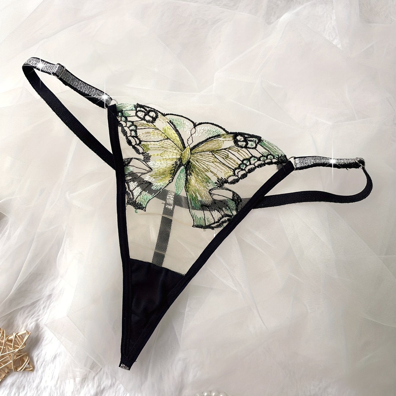 Tanga de malla para mujer con cinturilla de purpurina y estampado de mariposa, lencería semi-transparente