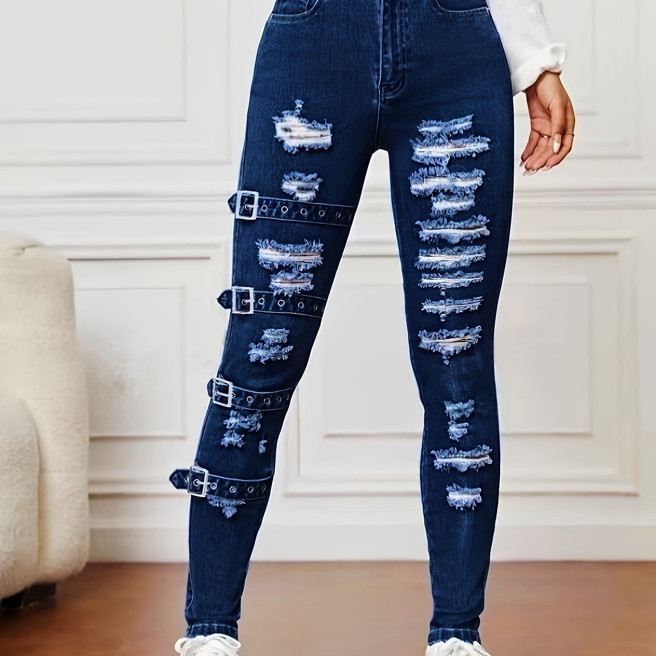 Women's High-Waisted Ripped Skinny Jeans Cotton Polyester Blend All-Season