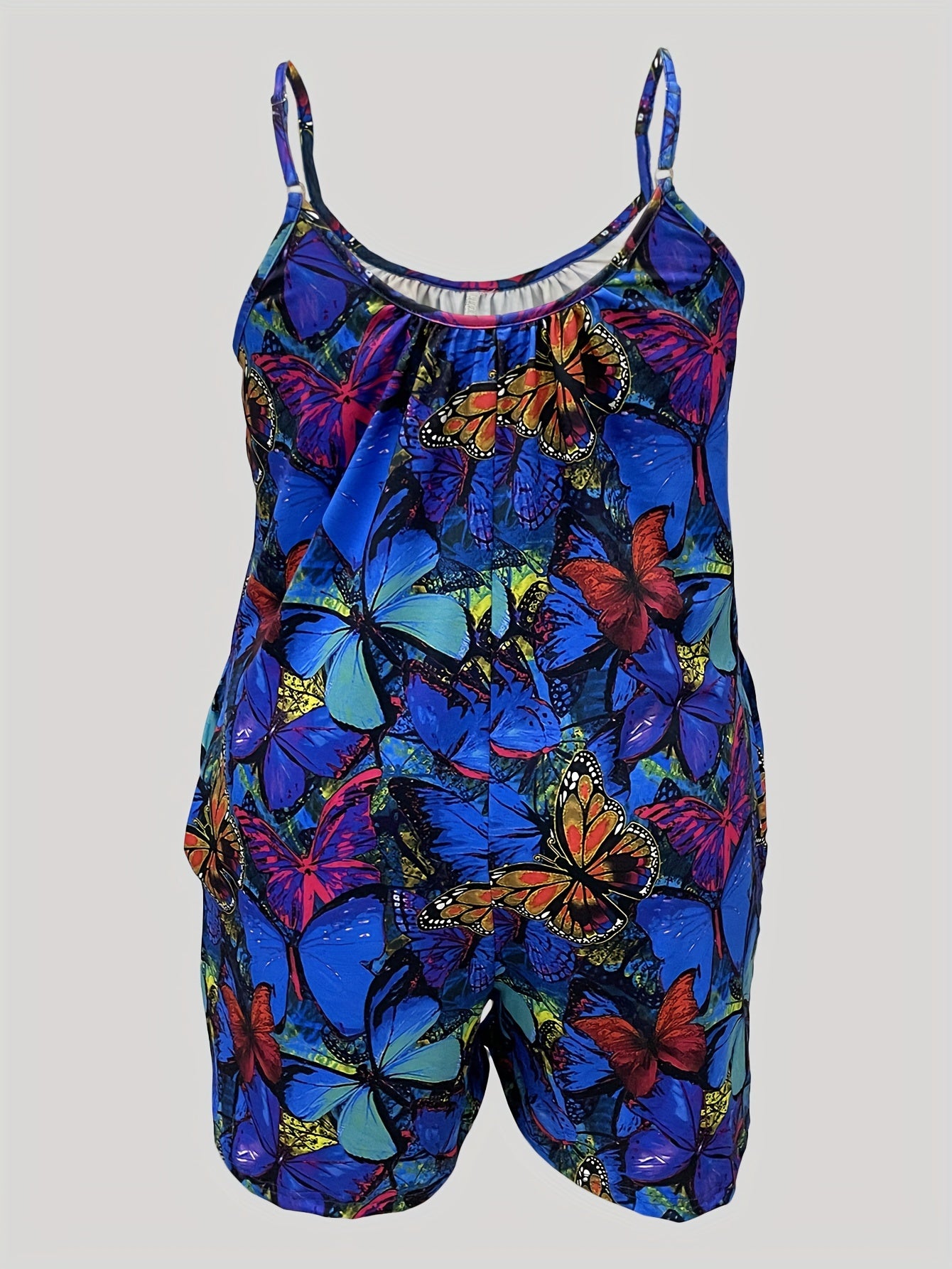 Plus Size Butterfly Print Romper V-Neck Sleeveless Pockets Stretchy Machine Washable