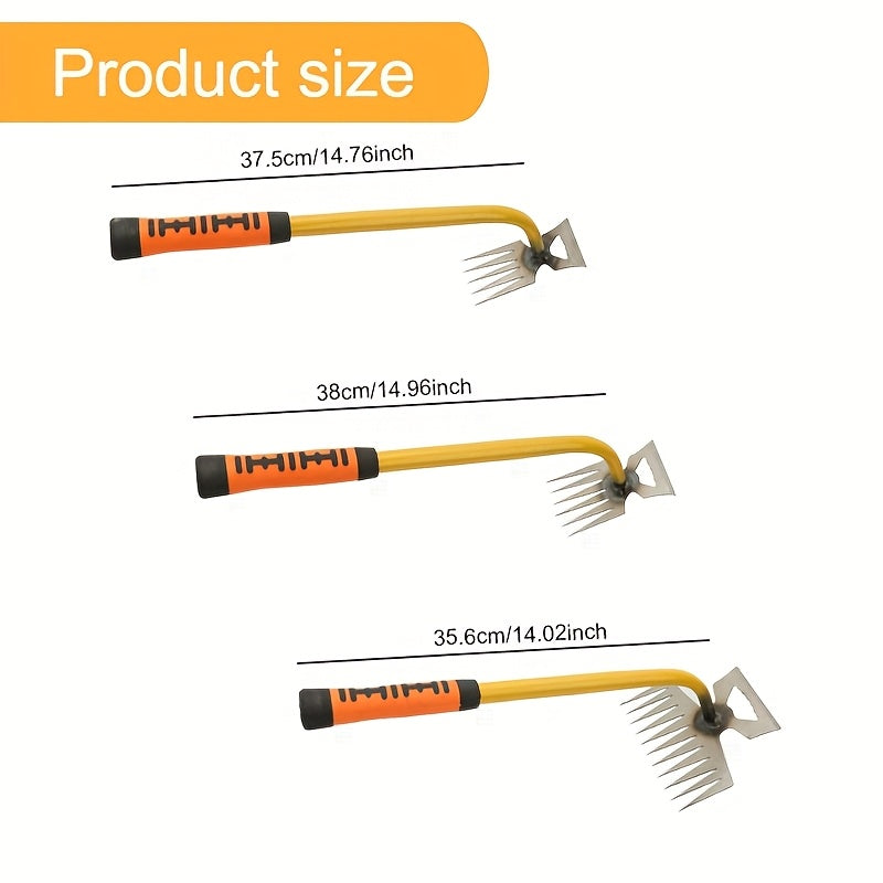 Rastrillo de maleza de acero al manganeso duradero con mango ergonómico amarillo y naranja para jardinería