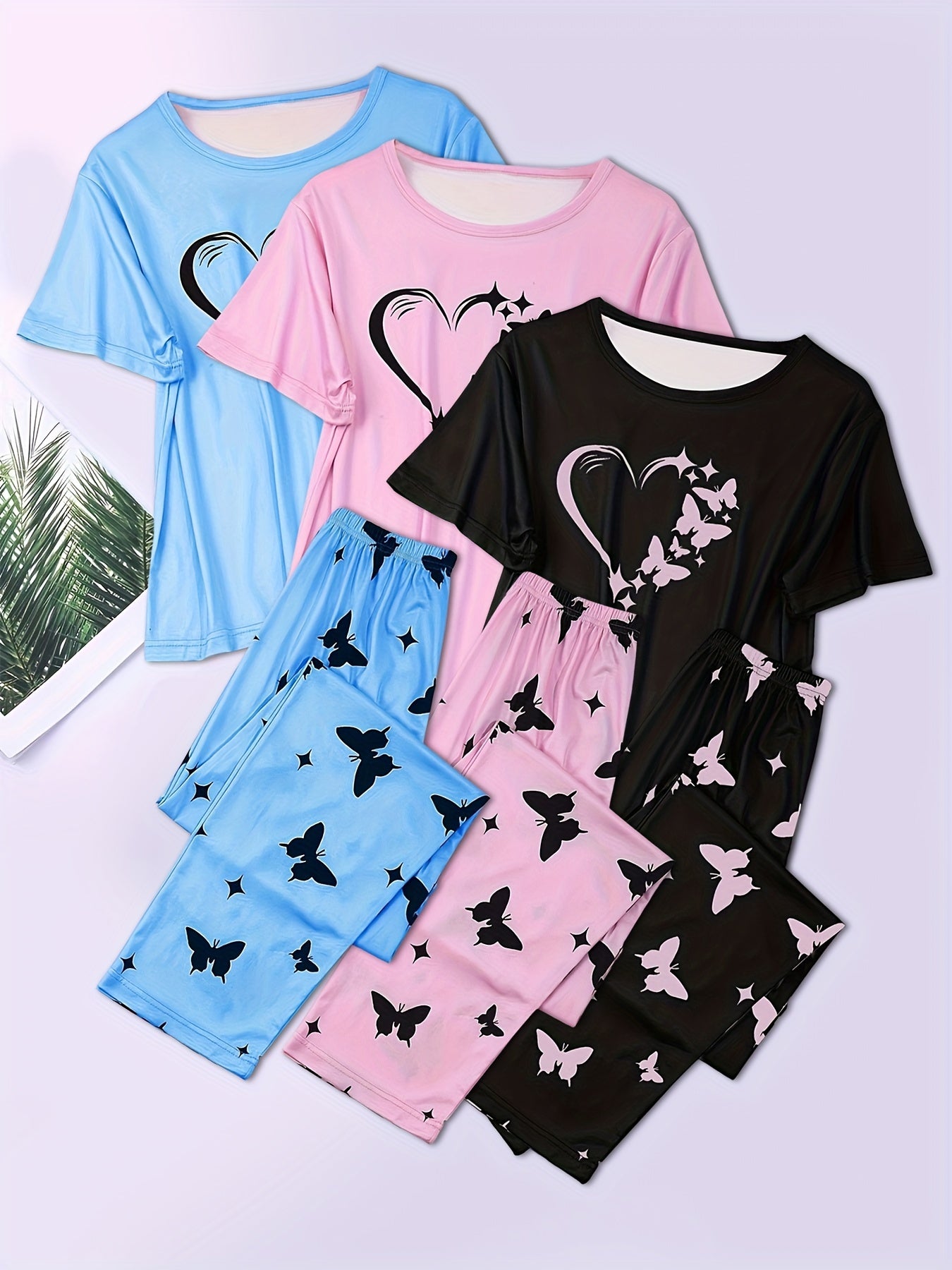 Adult Butterfly Pajama Set Short Sleeve Shorts Casual Knit Polyester Spring Fall
