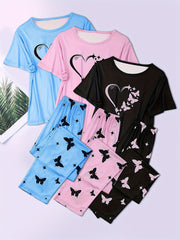 Adult Butterfly Pajama Set Short Sleeve Shorts Casual Knit Polyester Spring Fall