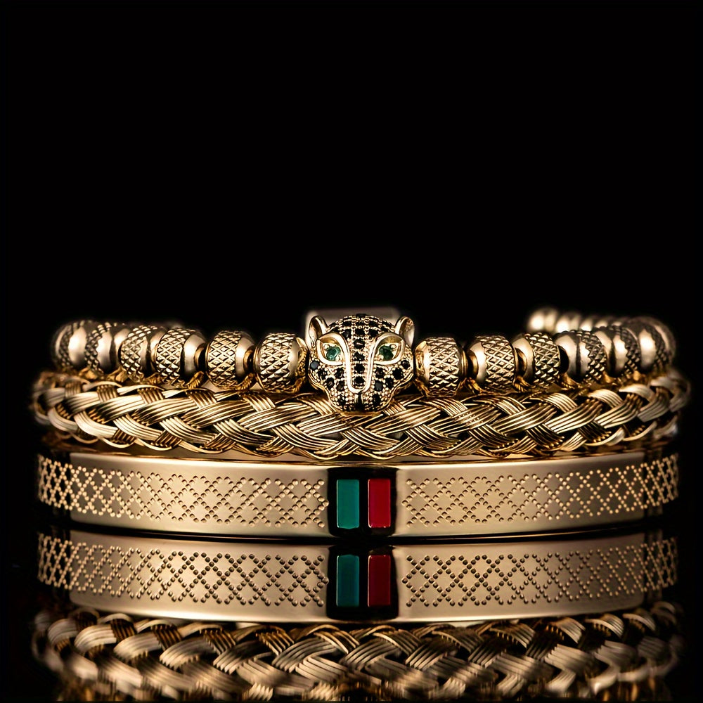 Leopard Head Bracelet Set Handmade Woven Bracelets Red Green Fashion Jewelry