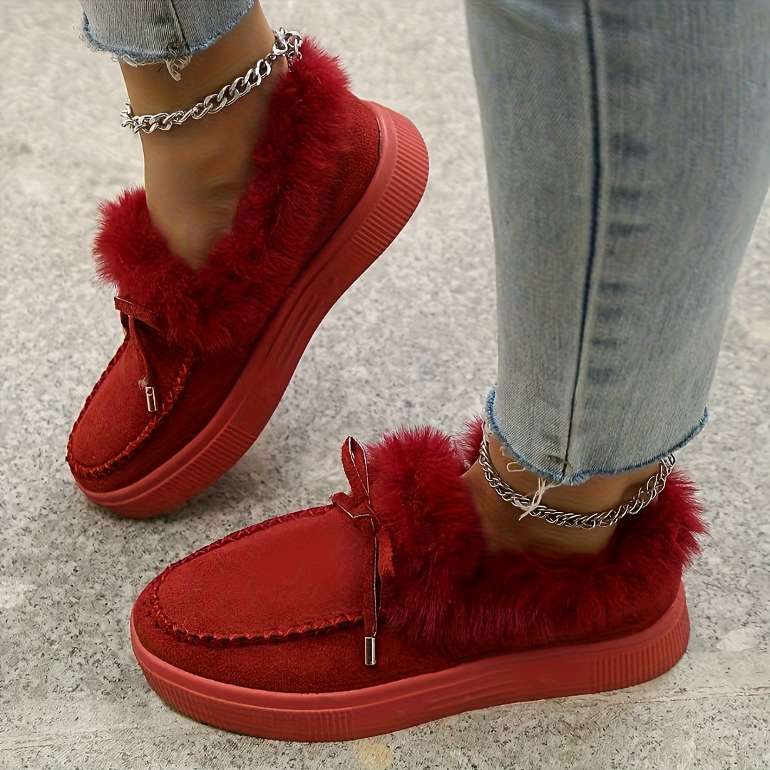 Женские утеплённые сапоги-слипоны с плюшевой подкладкой и бантом-брелоком, искусственный мех