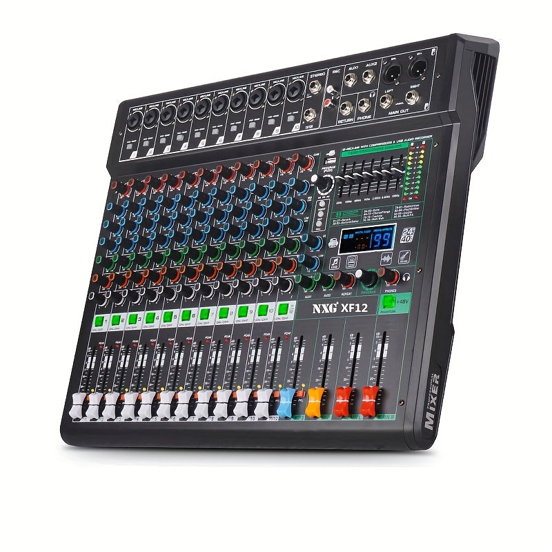'NXG XF8/12/16 Professional Mixer Soundboard 8/12/16 kanalli, USB MP3 kompyuter kirishi, 48V fantom quvvati, 99 ta reverb effektlari va yozish funksiyasi bilan.'