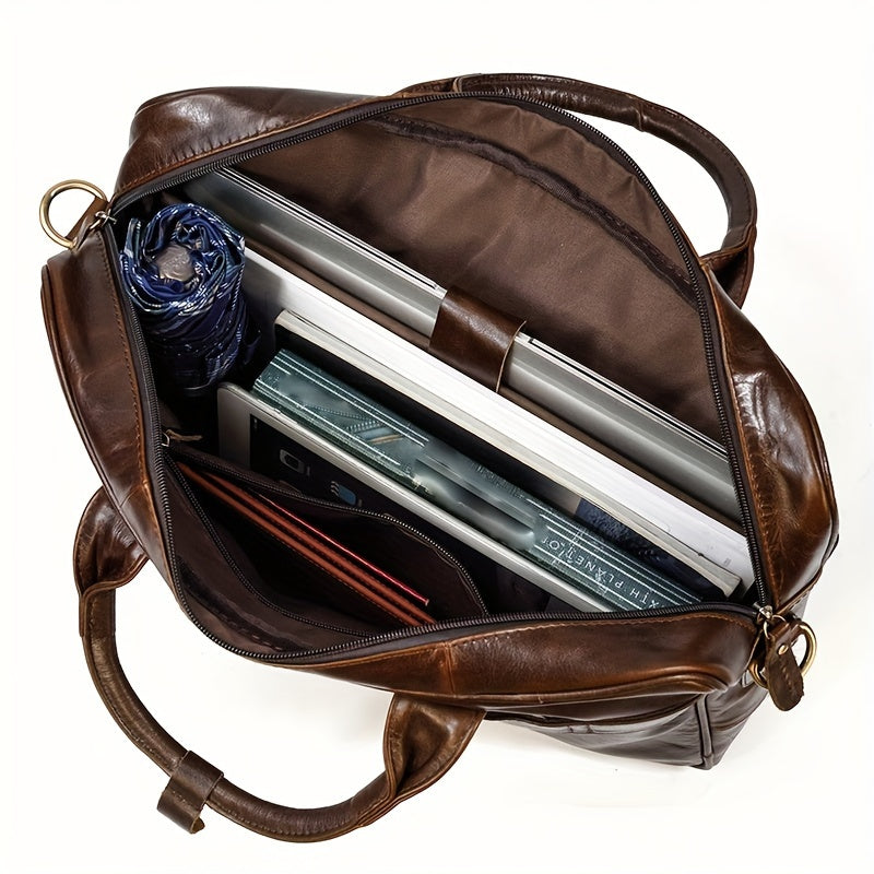 Men's Genuine Leather Briefcase with Laptop Compartment and Adjustable Shoulder Strap