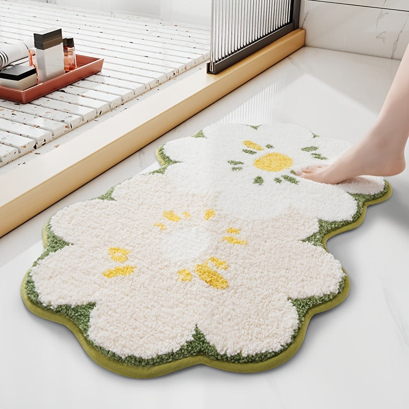 Ultra-Soft Faux Cashmere Bath Mat with Floral Pattern, Machine Washable, Bathroom Rug
