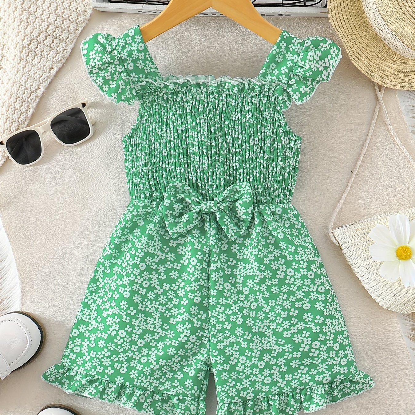 Girls Sleeveless Floral Jumpsuit with Ruffle and Bow for Summer Parties