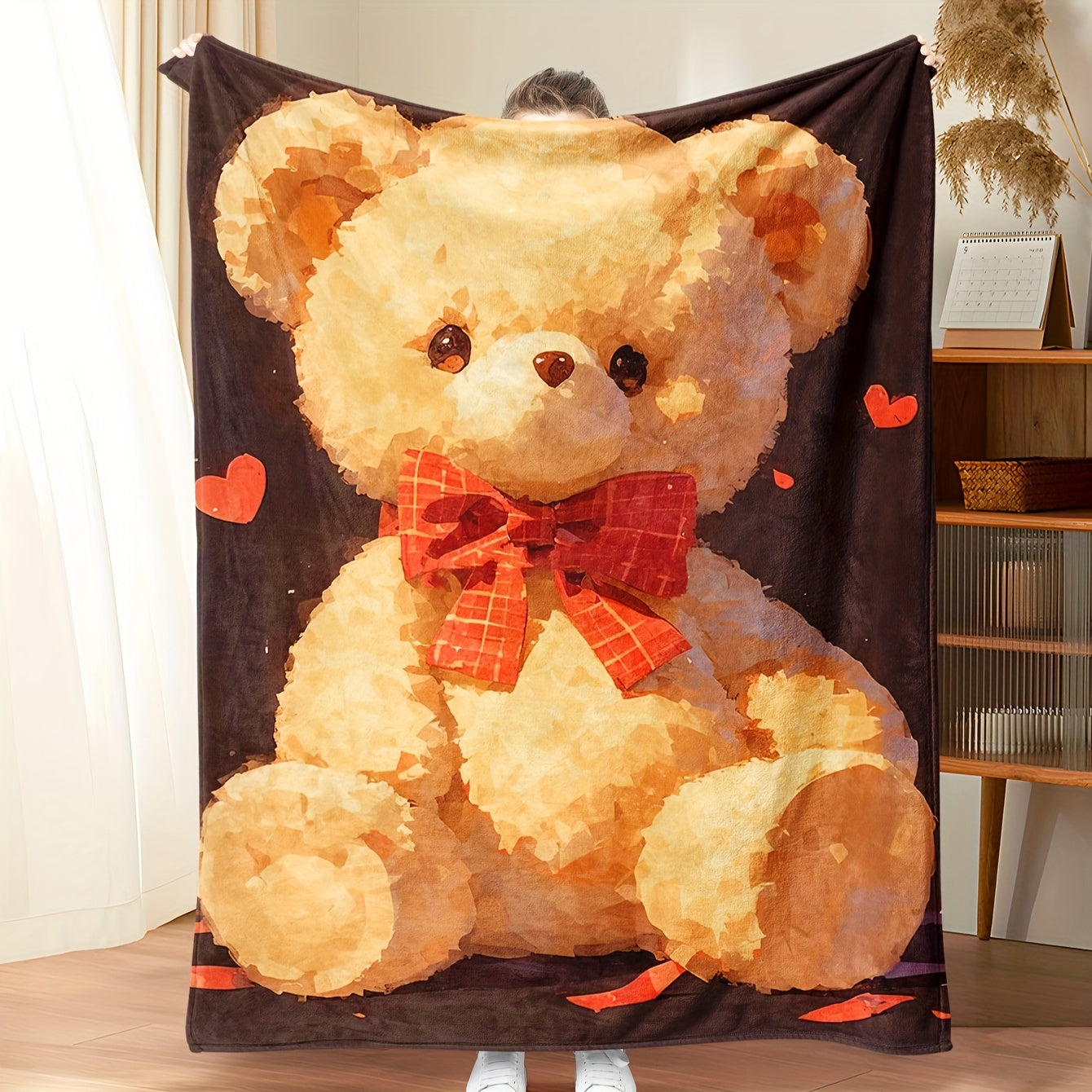Digital Print Teddy Bear Flannel Throw Blanket Cozy All-Season Cover Brown Love Hearts
