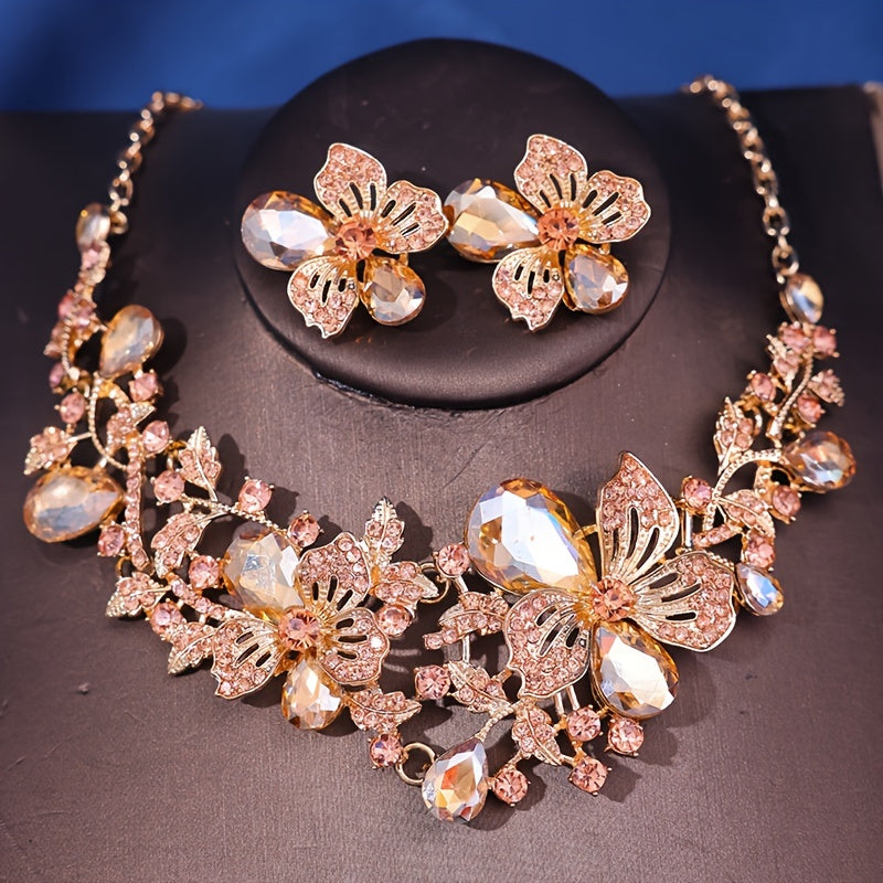 Romantic Flower Shaped Rhinestone Necklace and Earrings Set for Formal Dress