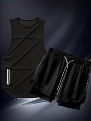 Men's Polyester Casual Sports Suit with Sleeveless Zipper Vest and Training Shorts