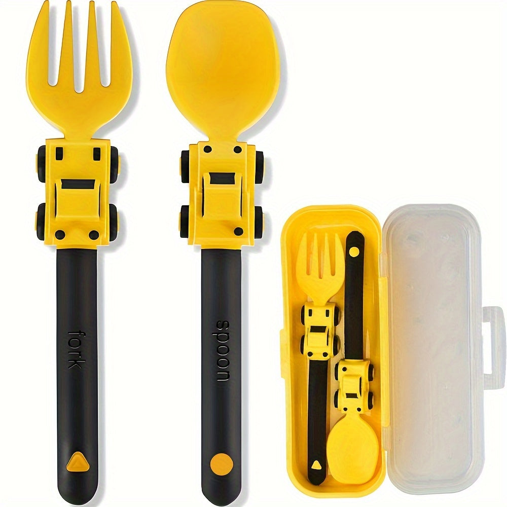 Kids' Cartoon Truck Fork and Spoon Set Non-Toxic Easy-Hold Feeding Utensils in Various Colors