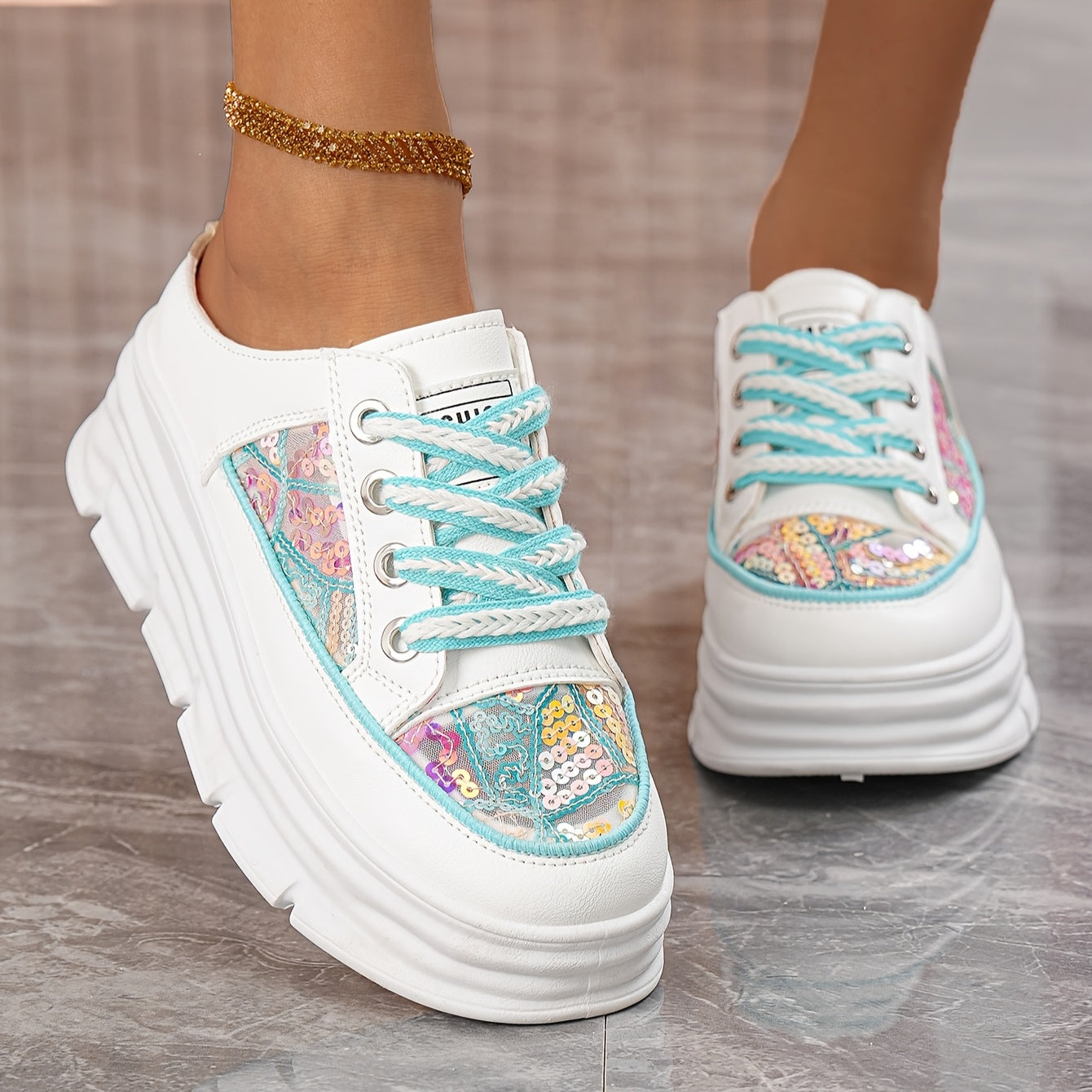 Women's Sequin Slip-On Wedge Sandals With Chunky Sole, Breathable Lace-Up Summer Shoes