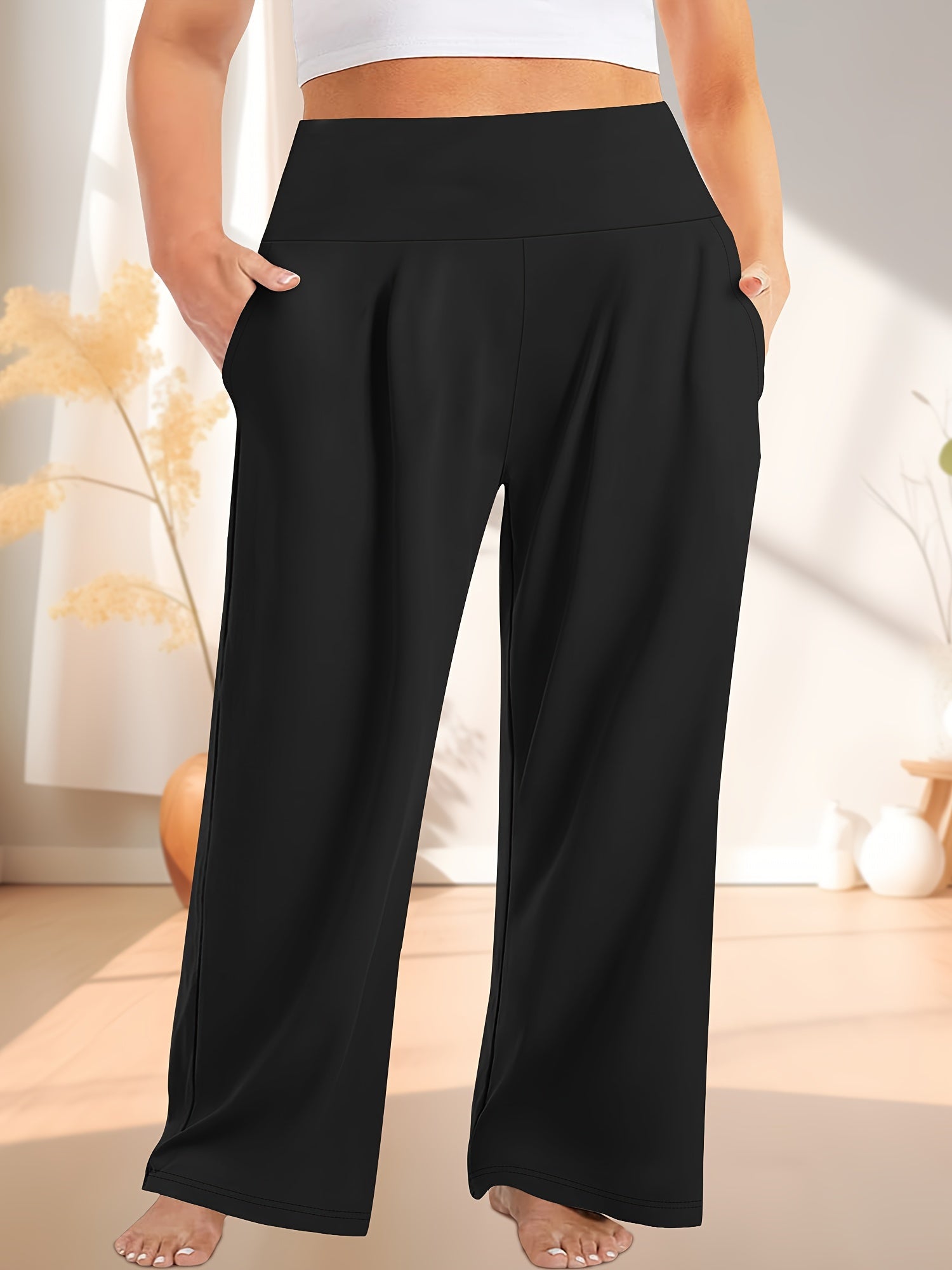 Pantalones de punto de talla grande de cintura alta y pierna ancha, casual, de poliéster, para todas las estaciones