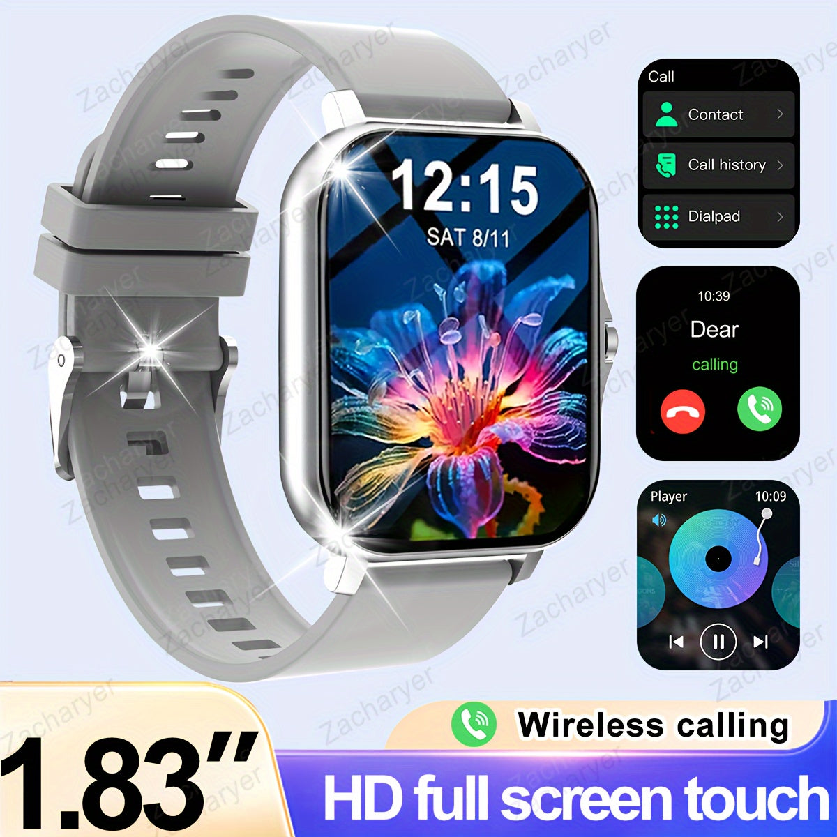 Full-Screen Touch Smartwatch with Call Alerts Sports Modes Compatible with Android and iPhone Square Silicone Band