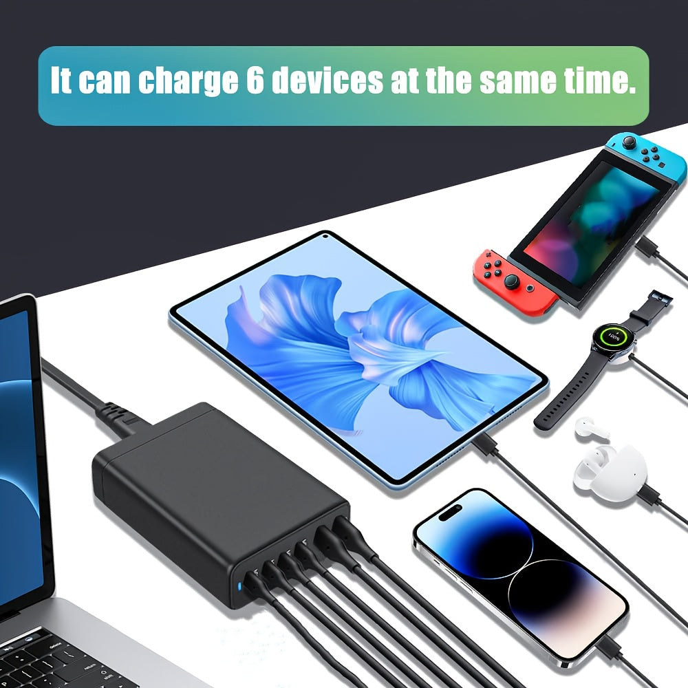 Cargador USB GaN de 200W, adaptador de pared de carga rápida de 6 puertos, negro