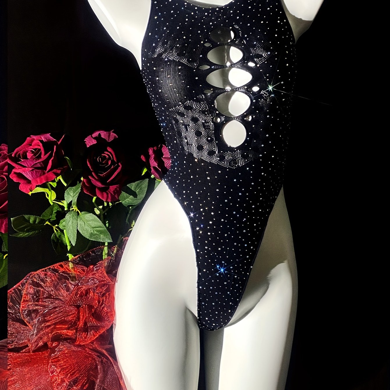 Женский черный боди с rhinestone, без рукавов, с высокой эластичностью, нижнее белье