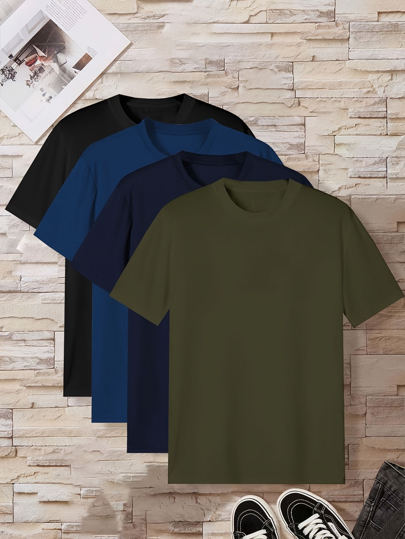 Men's Short Sleeve T-Shirts Pack of 4 Solid Colors Casual Polyester Summer Crew Neck