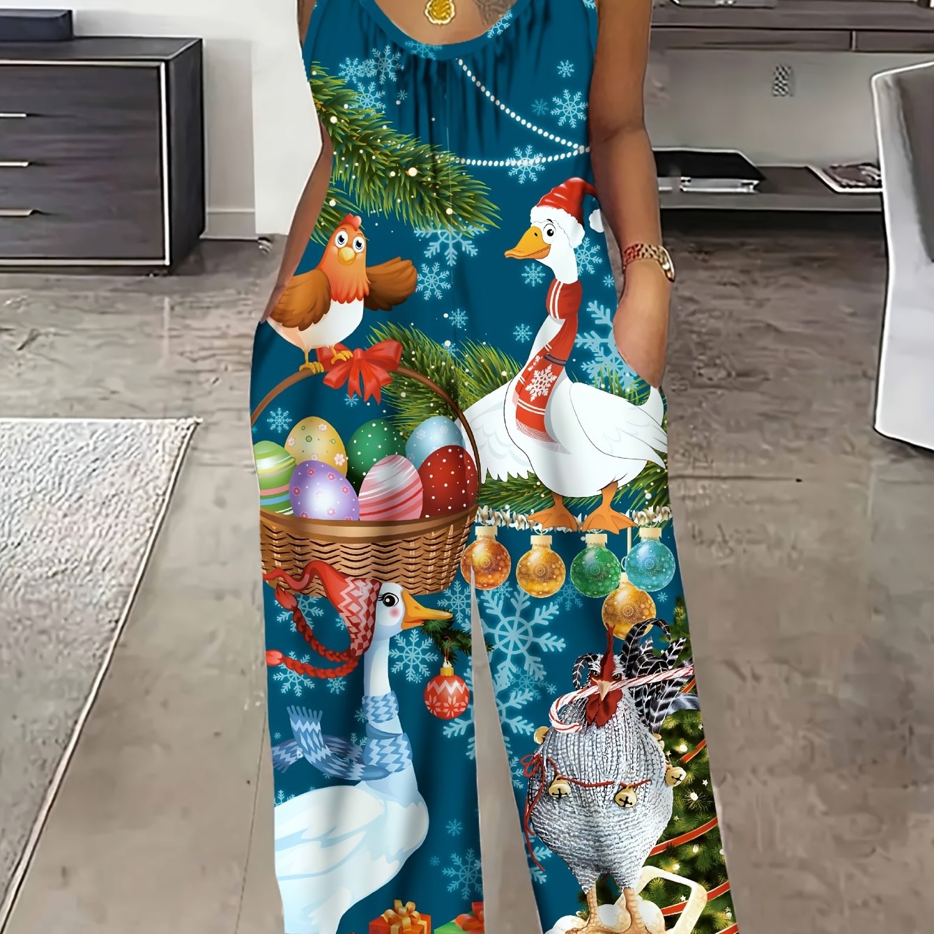 Plus Size Women Cartoon Turkey Print Jumpsuit Polyester Sleeveless Overalls