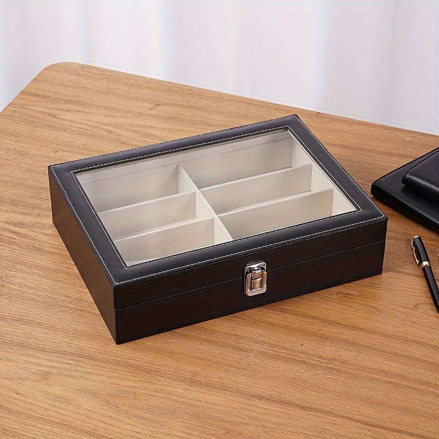 Eyewear Organizer Hard PU Leather Sunglass Storage Case with 8 Slots and Glass Lid