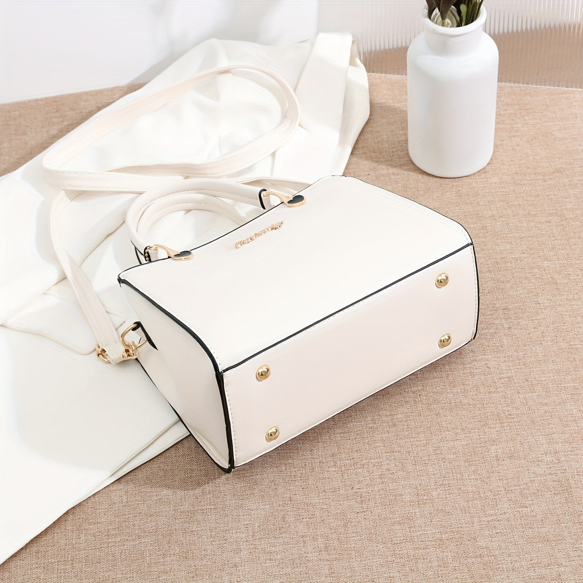 Solid Color Faux Leather Crossbody Handbag with Pompom Charms for Women